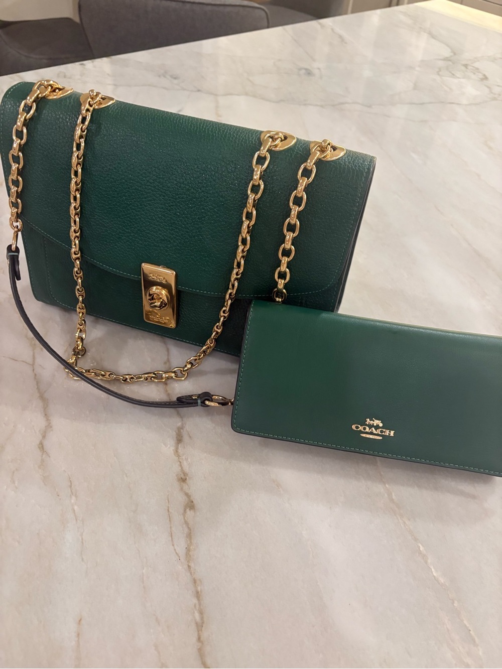 Coach Emerald Green Leather Chain Shoulder Bag with Wallet